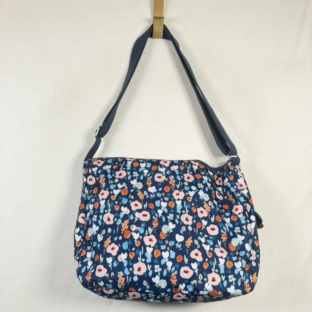 Kipling Live Light Blue Floral Crossbody Shoulder Bag Monkey Keychain Multi Pock